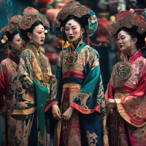 Best quality, Masterpiece, 超高分辨率, (photograph realistic:1.4), surrealism, Dream-like,fusionart,Chinese Sichuan opera face pattern is applied to clothing，Three women，full bodyesbian，Shadowdancer, shadow magic, darkness control, stealth, shadowstep, umbral s...