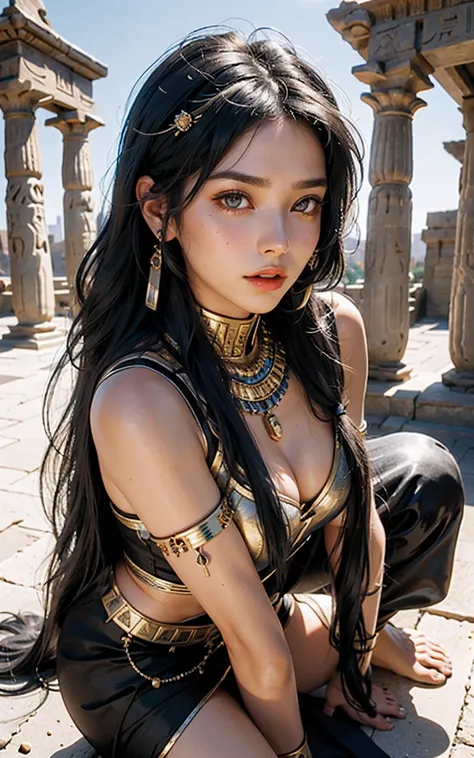 （Ancient Egyptian temples：1 girl with black hair,An Egyptian princess，Kneeling pose ）， tmasterpiece， best qualtiy， RAW photogr， realisticlying， the face， Incredibly Ridiculous res，， ear studs， (flowing long black hair)，Plain ancient Egyptian long dress，jew...