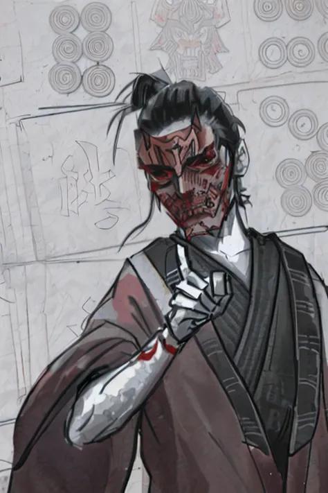 Close-up of a man with a bleeding face and a knife, villain wearing a red oni mask, portrait of a cyberpunk samurai, samurai with demon mask, Demon Samurai, samurai chains ink undead, Bloody + concept-art, inspired by Tōshūsai Sharaku, zombie in horror con...