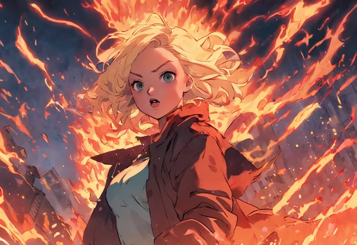 Canadian wildfires, Scene art, Scene illustration, adam hughes, character art closeup, Fire,, Comic book cover art by Phil Noto,  full-colour illustration,