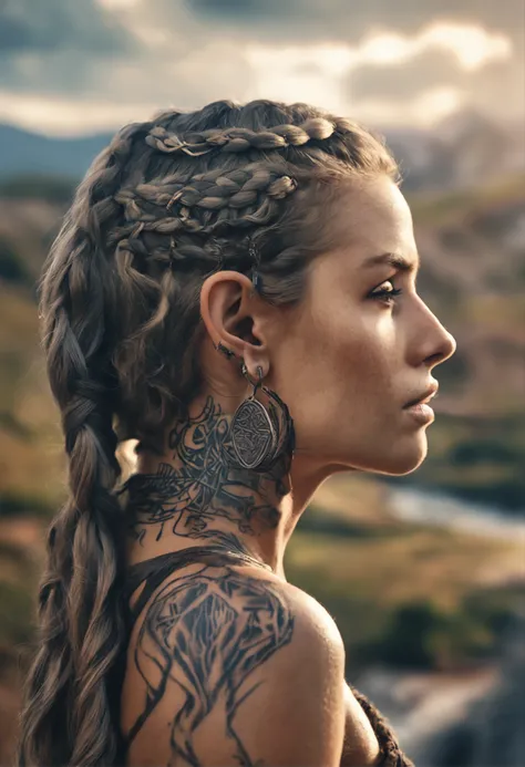 Menina tatuada na era viking, Rosto extremamente detalhado, olhos extremamente detalhados, absolutamente real, cabelos extremamente detalhados, braided dragon hairstyle, 3 d illustration, extremely detailed lips, extraordinary beauty, waterfall, arte de ta...