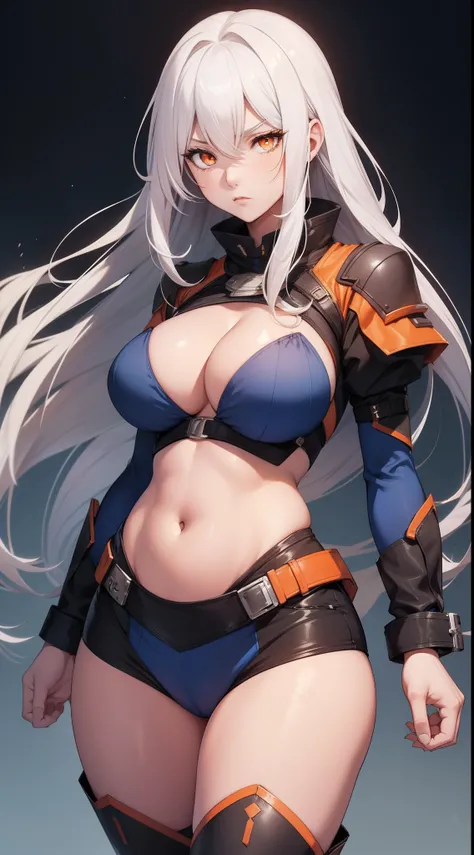 Adult woman, Long white hair, Orange Eyes, big breastes, open breasts, open belly, blue tight top, Iron sleeves, Iron boots, open thighs, brawn, anger, Masterpiece, hiquality