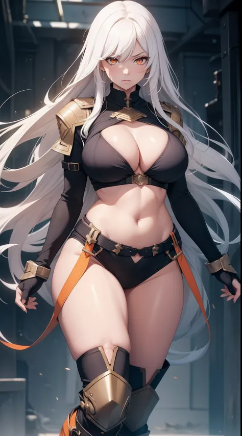 Adult woman, Long white hair, Orange Eyes, big breastes, open breasts, open belly, blue tight top, Iron sleeves, Iron boots, open thighs, brawn, anger, Masterpiece, hiquality