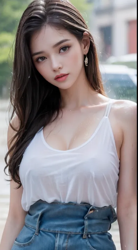 (Best quality, 4k, Masterpiece :1.3), pretty woman, 1girl, sexy :1.1, dark brown hair: 1.1, (rainy wet, wet from rain, wet body :1.2), white tank tops, ultra-detailed face, detailed lips, detailed eyes, double eyelid