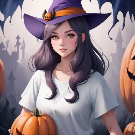 A charming girl as a Halloween witchs autumn icon pack, random facial expression, Random coloring, Cartoon style, 2D, planar vector, Character design, T-shirt design, Colorful splashes, vectorial art, Fantasy art, Watercolor effect,Digital painting, white ...