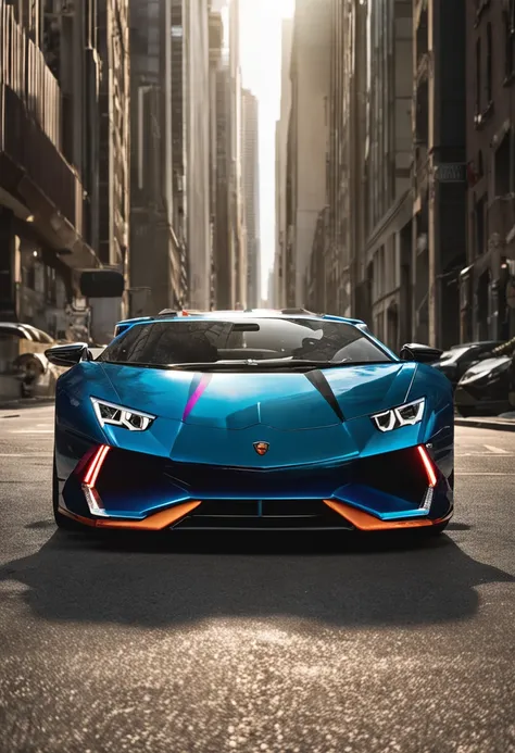 Imagine a sleek Lamborghini, its side profile as sharp and impressive as a bulls horn, with the front end designed to evoke strength and determination. On top of the car, dynamic wings, reminiscent of a majestic bird in flight, signify the soaring potentia...