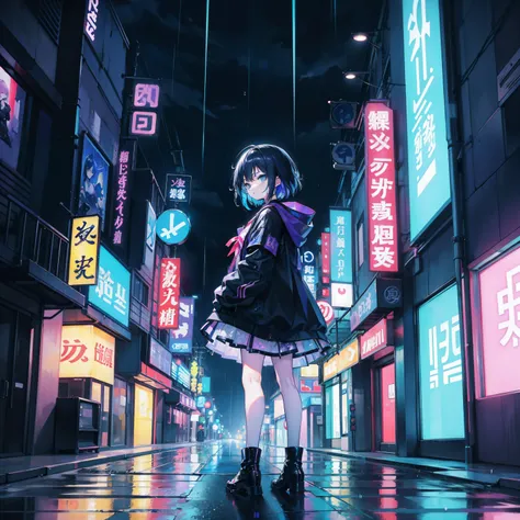 ​masterpiece、top-quality、Broken World、theme: A world without anyone、Cool girl in anime style、A dark-haired、rain is falling、Neon Street is the background。The main colors are dark blue and purple.、Use neon colors、The style is anime-style、Incorporate raindrop...