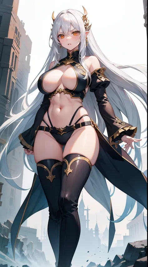 Adult woman, Long white hair, Orange Eyes, big breastes, open breasts, open belly, blue tight top, Iron sleeves, Iron boots, open thighs, brawn, anger, Masterpiece, hiquality