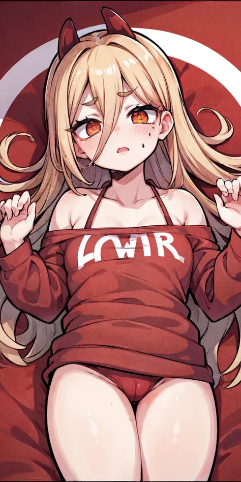 power,（A white border around a red rectangular background：2.5），head looking up，lie on ones side，Expose the back，ahegao face，C cup，whitesweater，High detail,Moles under eyes, Heart-shaped pupils，Love pupils，cropped shoulders，Lots of hearts，Fleshy thighs,high...