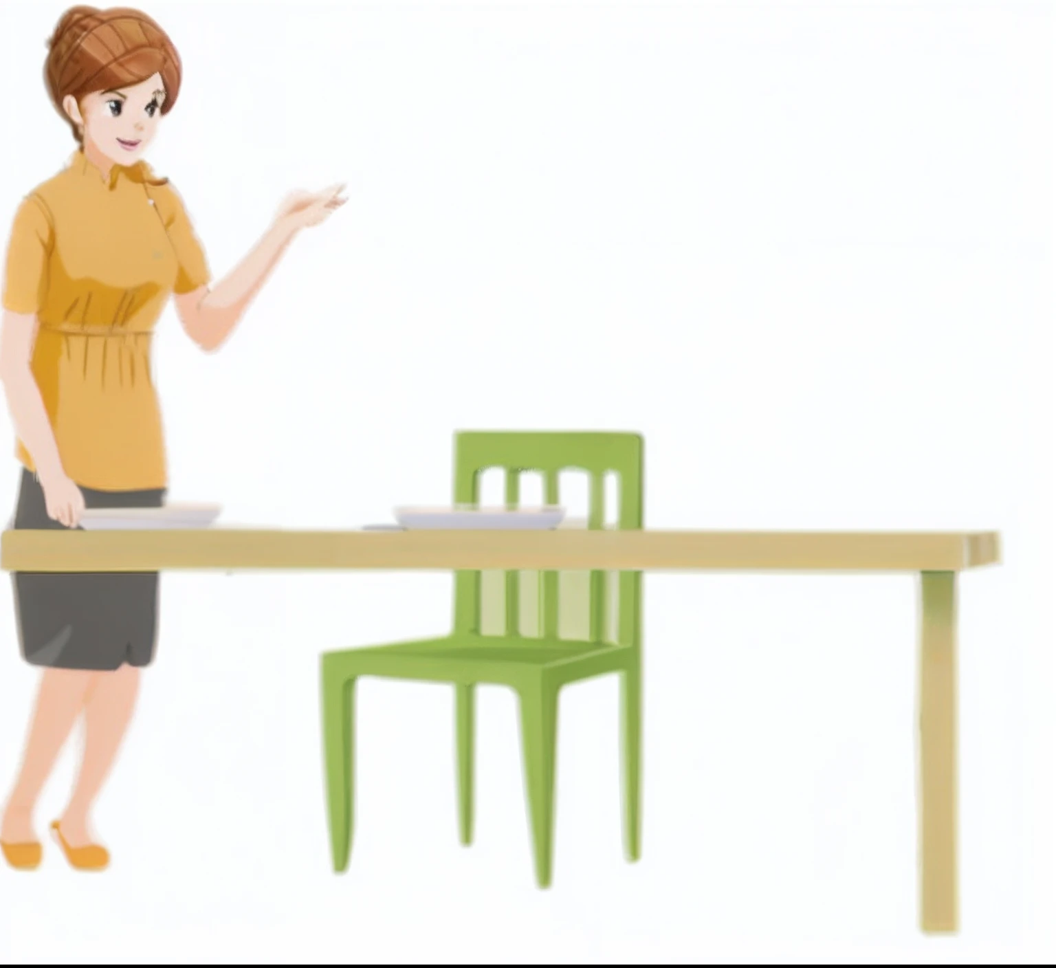 Cartoon woman in the kitchen，There was a green chair and a table, wikihow illustration, wikihow, In a kitchen, animation still screencap, animated still, cinematics, animated still, sits at a table, sitting at table, Flat illustration, animation style rend...