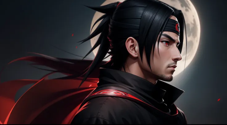 Profile photo, masterpiece, solo, ultra-precise texture rendering, cool handsome Uchiha Itachi, reliable, savior of the world, simple design, best visuals, 8K, red eyes Light, the color is similar to the original ninja according to the story.