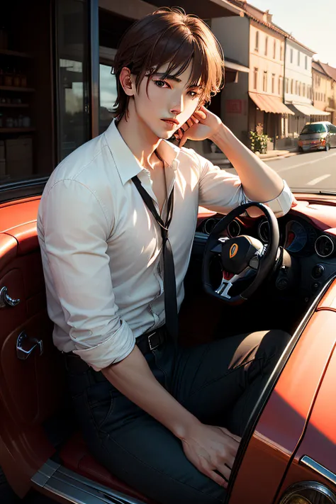 A handsome foreign boy with brown hair，eBlue eyes，Sit on a cherry red Ferrari and look into the distance，He sits in the cab，Hold the steering wheel in your hand。Realist details