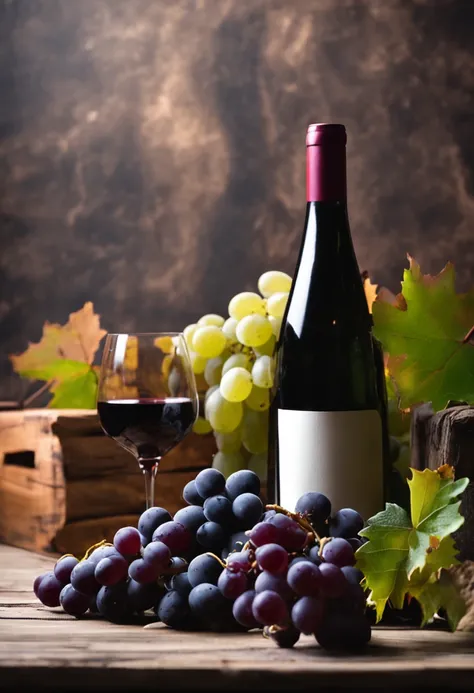 studio, photography concept of a black table, smoke, old logs, a few bunches of grapes, grape leaves, a glass of wine standing next to a few bottles of wine as the center, light coming in from the left.