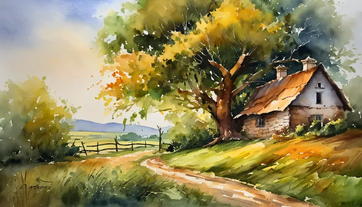 A farm house under the big tree beside the stream, Sunset,  Oil painting, classic style, rich colors, brushstrokes, vibrant textures, expressive portraits, dynamic composition, capturing light and shadow, artistry, timeless beauty.