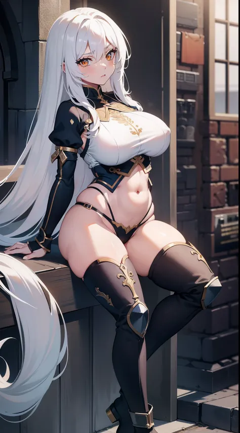 Adult woman, Long white hair, Orange Eyes, big breastes, open breasts, open belly, blue tight top, Iron sleeves, Iron boots, open thighs, brawn, anger, Masterpiece, hiquality