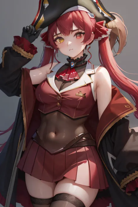 best quality,absurd res, 1girl,solo,:3,Houshou Marine,houshouBase, heterochromia, red eyes, yellow eyes, twintails, long hair, hair ribbon, large breasts, white gloves, frilled choker, red ascot, leotard, leotard under clothes, red jacket, cropped jacket, ...