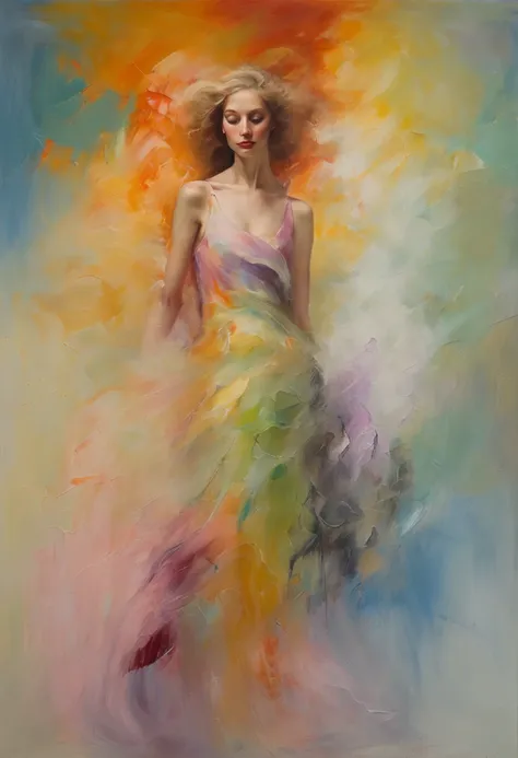 （oil painted），（Picture frame），romanticism lain, mistic, A beautiful young woman，Endless extra-long blonde hair, Flow around her, blown in the wind，(A soft wisp of rainbow smoke floated around her body) ，An elegant dress (Billowing smoke and the soft swirls...