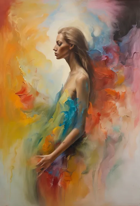 （oil painted），（Picture frame），romanticism lain, mistic, A beautiful young woman，Endless extra-long blonde hair, Flow around her, blown in the wind，(A soft wisp of rainbow smoke floated around her body) ，An elegant dress (Billowing smoke and the soft swirls...