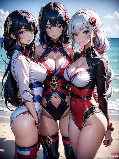 Three women in bikinis pose for a group photo on the beach, seductive anime girls, beautiful and seductive anime woman, Guviz-style artwork, Perfect white haired girl, Guviz, Beautiful anime girl, ross tran. scenery background, in beach, Beautiful anime wo...