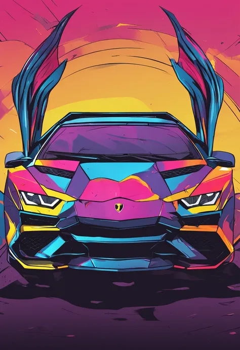 Design a striking image of a Lamborghini with front-end bull horn inspiration, wings on top like a bird, rainbow-colored feathers at the back resembling horse legs. Capture the blend of strength, ambition, speed, and creativity.