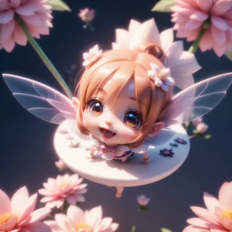 Cute Baby Chibi Anime、(((Chibi 3D))) (Best Quality), (masutepiece)、(Chibi Fairy:1.3) (Floating in mid-air:1.3), Fly over flowers, Sit on aerial flowers、Under no gravity, Birds Garden View,Rainbow in the sky,Open your mouth and smile。