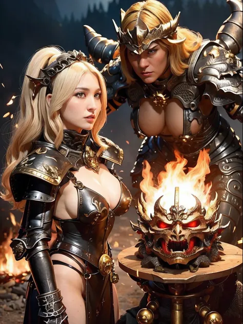 Professional , ​masterpiece、top-quality、photos realistic , depth of fields 、（Dragon Black Metal Body:1.９),(Mattretto、（cleavage of the breast）、Dragon Gold Weapon、（Micro Bikini Armor:1.４),Gorgeous gold weapons ,Particles of light、Particles of light、（（ Dragon...