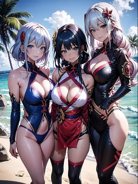 Three women in bikinis pose for a group photo on the beach, seductive anime girls, beautiful and seductive anime woman, Guviz-style artwork, Perfect white haired girl, Guviz, Beautiful anime girl, ross tran. scenery background, in beach, Beautiful anime wo...