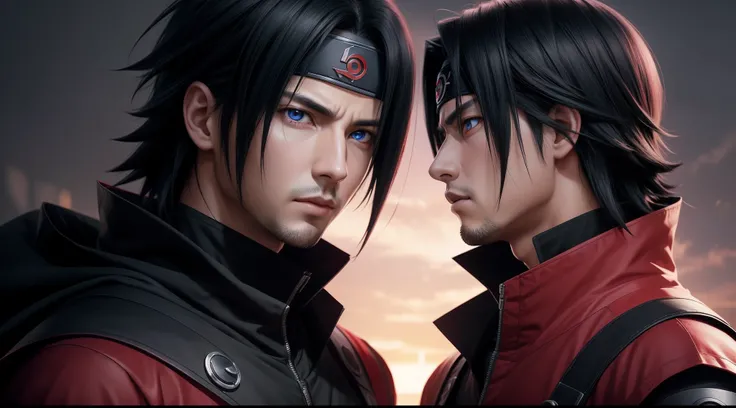 Profile picture, masterpiece, solo, extremely accurately rendered texture rendering, handsome Uchiha Sasuke coldly looks at the viewer, solo, trustworthy, savior of the world, simple design, image The most beautiful, 8K, light red eyes, color similar to th...