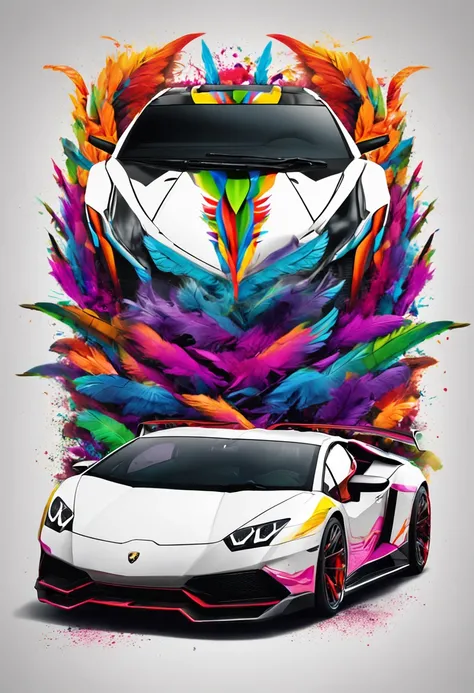 Design a striking image of a Lamborghini with front-end bull horn inspiration, wings on top like a bird, rainbow-colored feathers  Capture the blend of strength, ambition, speed, and creativity.