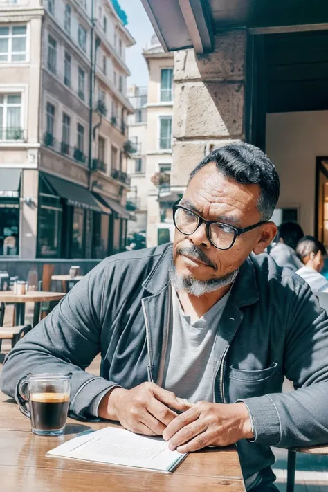 guttovendo1, Generate an exquisitely detailed portrait of a bespectacled man sitting at an outdoor café, leisurely savoring his coffee while relishing a croissant. The scene should capture the essence of tranquility and contentment in a cafe setting. Pay m...