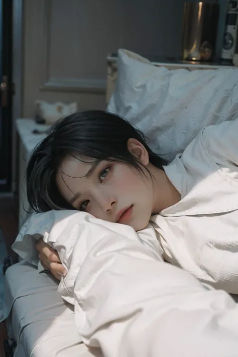 Michieda Junsuke，There was a boy lying in bed，A white blanket was draped over the bed, Cai Xukun, lying at the bed, jia, movie still of a tired, He has tired eyes, Sleeping, Lying in bed, emma watson in bed, Sleepy, Male ulzzang, 8K 50mm ISO 10, Lu Ji, wak...