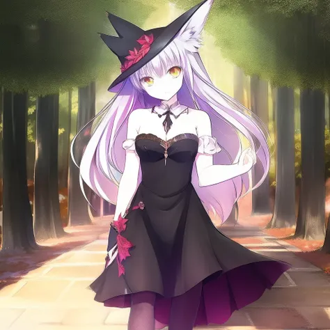 A girl in a black dress and a fox hat, An anime work drawn by Kisu, pixiv contest winner, rayonism, made of leaves, soft mist, Mist.