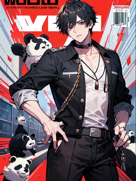 magazine cover, Jin, Cultivator, Panda, Chi, Strong, Boss, Short Black Hair, High spiritual power, modern settings, 8k, masterpiece, solo male, handsome, killer,