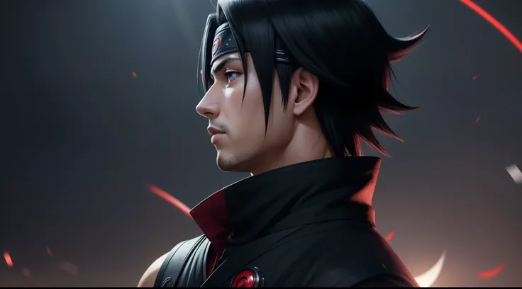 Profile picture, masterpiece, solo, extremely accurately rendered texture rendering, handsome Uchiha Sasuke coldly looks at the viewer, solo, trustworthy, savior of the world, simple design, image The most beautiful, 8K, light red eyes, color similar to th...