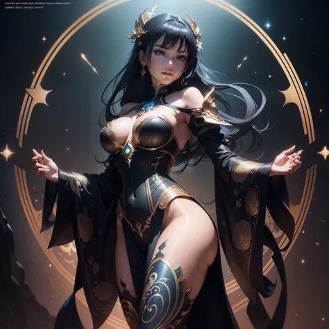 beautiful sunset background with stars,anime character, genshin impact, hu tao , with a beautifull corset made of scales, full body, cover, dynamic pose, beautiful complexion, hyperdetailed painting, luminism, Bar lighting, complex, 4k resolution concept a...