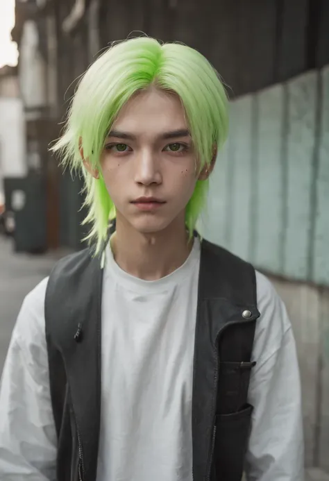 schoolboy，Handsome，k hd，Yellow hair with white dye，There are two moles under the right eye，Emerald green eyes，motorbiker，Cyberpunk style，photorealestic，mid - length hair