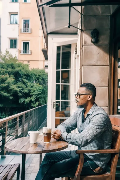 guttovendo1, generate an exquisitely detailed portrait of a bespectacled man sitting in an outdoor café, vestindo roupas leves, ...