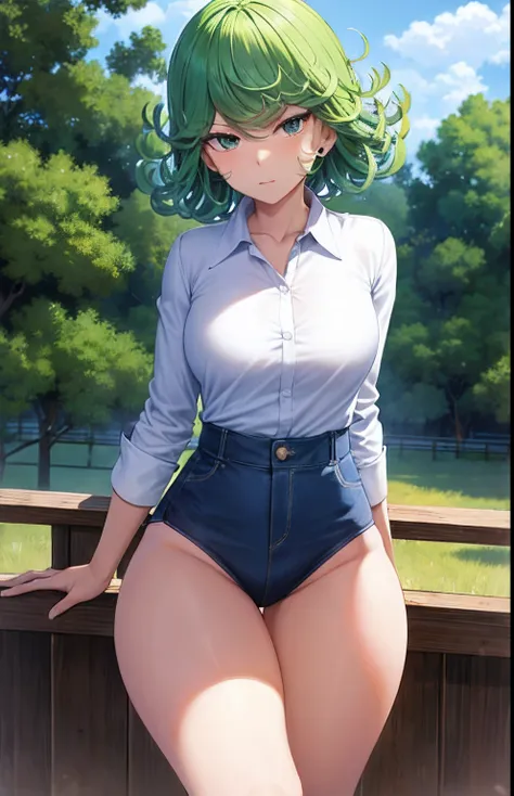 (masterpiece, best quality:1.2), cowboy shot, solo, 1girl, tatsumaki, lustful, closed mouth, looking at the viewer, ass, wide hips, shirt, short shorts, thong, squats, legs spread, blue sky, erotica,