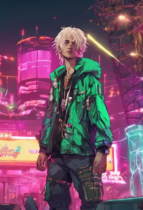 schoolboy，Handsome，k hd，Blonde hair with white dye in it，There are two moles under the right eye，Emerald green eyes，Hold a concert，Cyberpunk style，photorealestic，mid - length hair，plays the guitar，There is a K-shaped tattoo on the neck