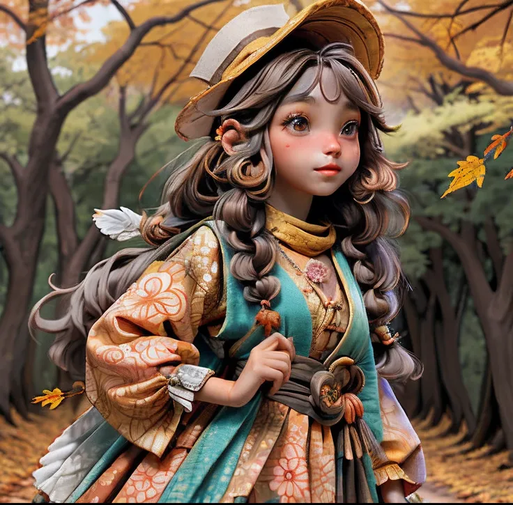 A brown beautiful cute small young girl, wearing a beautiful dress, standing in a beautiful forest with beautiful autumn 🍁 leaves falling from the tress, looking up to 
the sky, niji, fable sunshine, hippie clothes