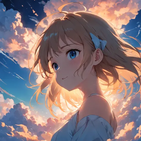 tmasterpiece，best qualtiy，cinematic Film still from，1girl，Cloud Girl，Floating in the sky，closeup cleavage，brightly，cheerfulness，Warm and soft lighting，the sunset，（spark of light：0.7）Estilo de Makoto Shinkai