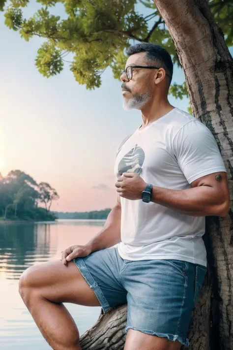 guttovendo1, create an extraordinarily realistic image of a man, wearing glasses and dressed in a white t-shirt and denim shorts...