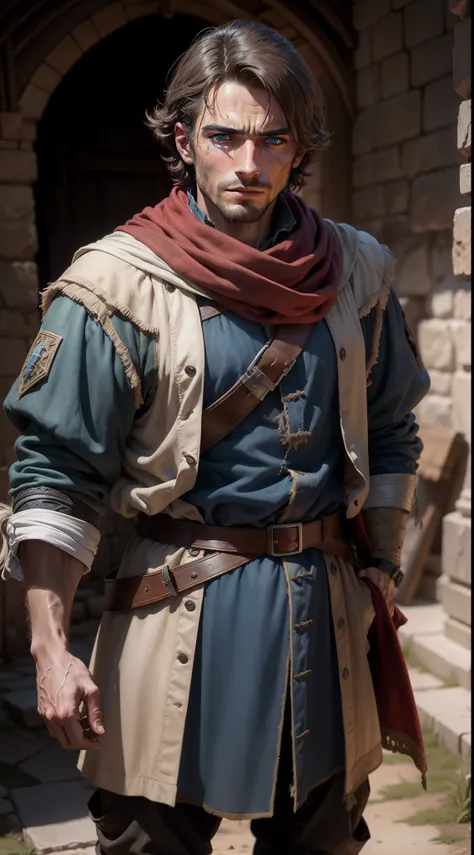 Antonio de Abreu, 16th century, renaissance, age of exploration, with many wrinkles,Weathered, young, age of 28, man,energetic, medieval style soldier clothes, captain, ill-fated, handsome, hero, daring, brave, decisiveness, with many injuries face, scurvy...