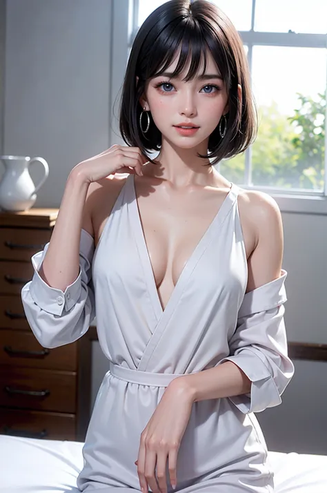 (high-level image quality、high-detail、hightquality、hight resolution、Draw everything in high resolution)、Very intense crystal light blue eyes、Very pale blue eyes、Smaller diamond-shaped earrings、Look firmly at the camera、Put your ears out、short black hair wi...