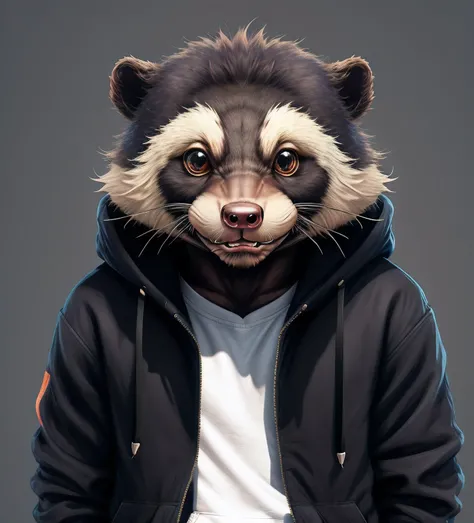 Anthropomorphic honey badger flat-headed brothers，Small head shape，Playful expression，The corners of the mouth are slightly upturned。Jacket worn on the upper body，Put your hands in the pocket of your jacket，Wear a hoodie underneath，The hoodie has 2 words w...