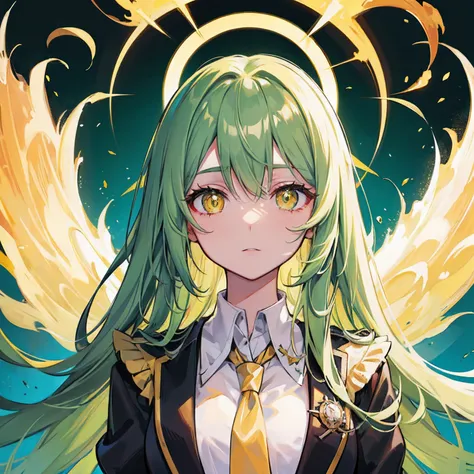 long green hair，Six symmetrical eyes grow on the face，Royal Yellow Pupils，glowing brown skin，in school uniform，Its a pretty cute weird girl