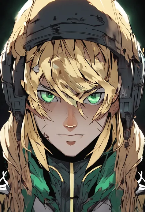 schoolboy，Handsome，k hd，golden hair，Hair has white dye，There are two moles under the right eye，Emerald green eyes，motorbiker，Cyberpunk style，photorealestic，mid - length hair，There is a prosthetic body on the face