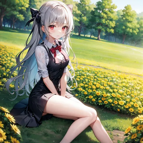 Wavy Gray Hair、bow ribbon、red eyes、Beautiful girl alone、a miniskirt、flower  field、Sitting on the ground