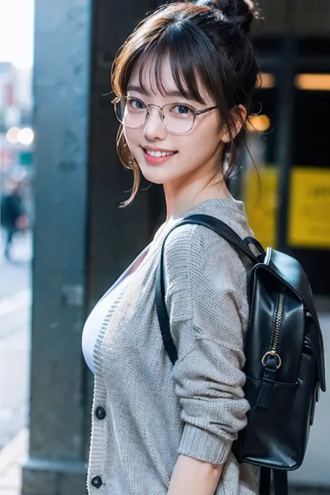 (8K、Raw photography、top-quality、​masterpiece:1.2)、(realisitic、Photorealsitic:1.37)、ultra-detailliert、超A high resolution、女の子1人、see the beholder、beautifull detailed face、A smile with a little visible teeth、Constriction、(Slim waist) :1.3)、((Wearing a cardigan...