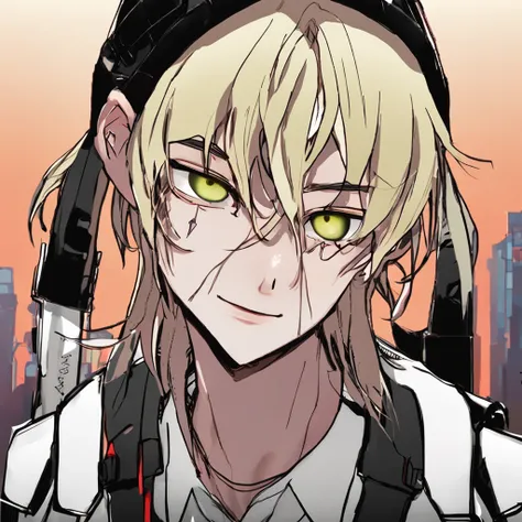 Boy student，Handsome，k hd，Golden hair，Hair has white dye，There are two moles under the right eye，Emerald green eyes，bassist，Play bass，Cyberpunk Style，photorealestic，mid - length hair，There is a prosthesis on the face